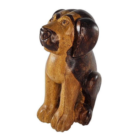 Vintage Wood Carved Dog Sitting Sculpture Folk Art 7 Inch Two Toned - Picture 7 of 8